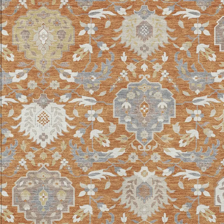 5' X 8' Copper Ivory And Gray Damask Washable Indoor Outdoor Area Rug