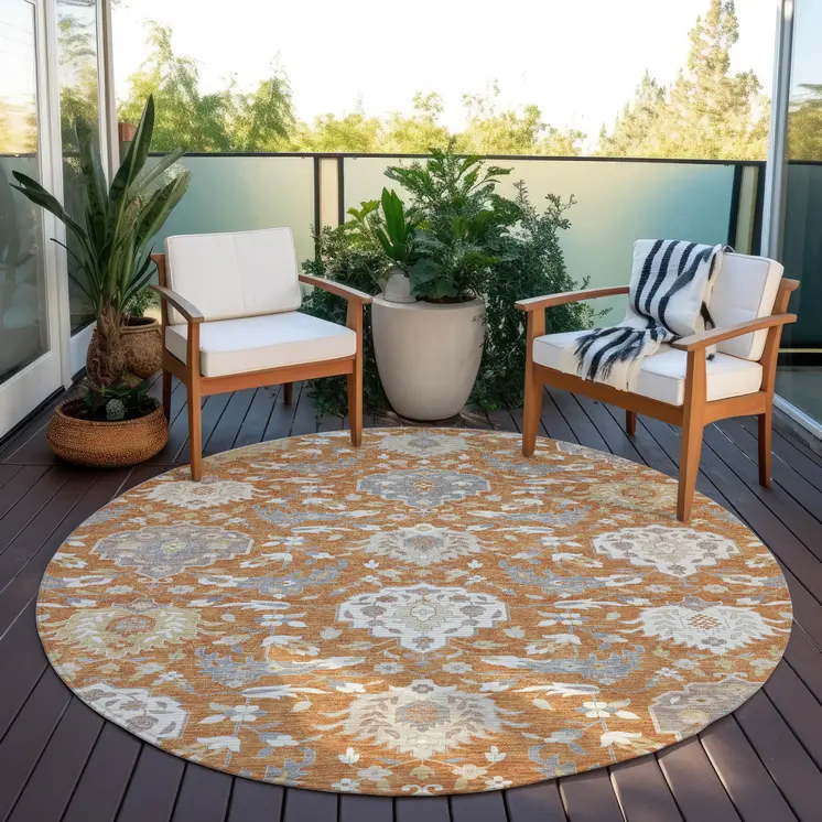 8' Copper Ivory And Gray Round Damask Washable Indoor Outdoor Area Rug