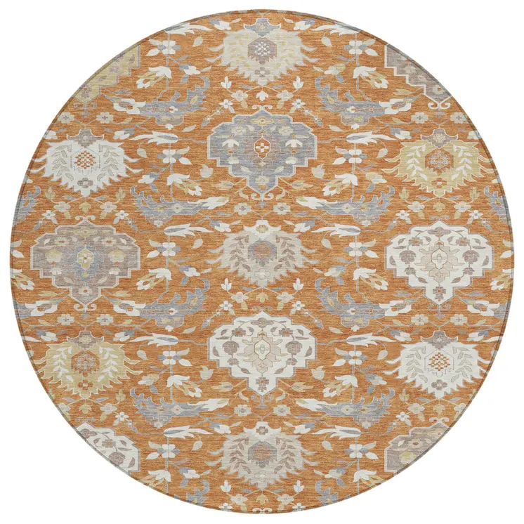8' Copper Ivory And Gray Round Damask Washable Indoor Outdoor Area Rug