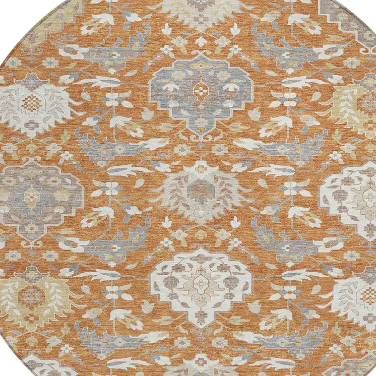 8' Copper Ivory And Gray Round Damask Washable Indoor Outdoor Area Rug