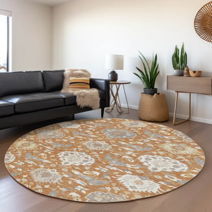 8' Copper Ivory And Gray Round Damask Washable Indoor Outdoor Area Rug