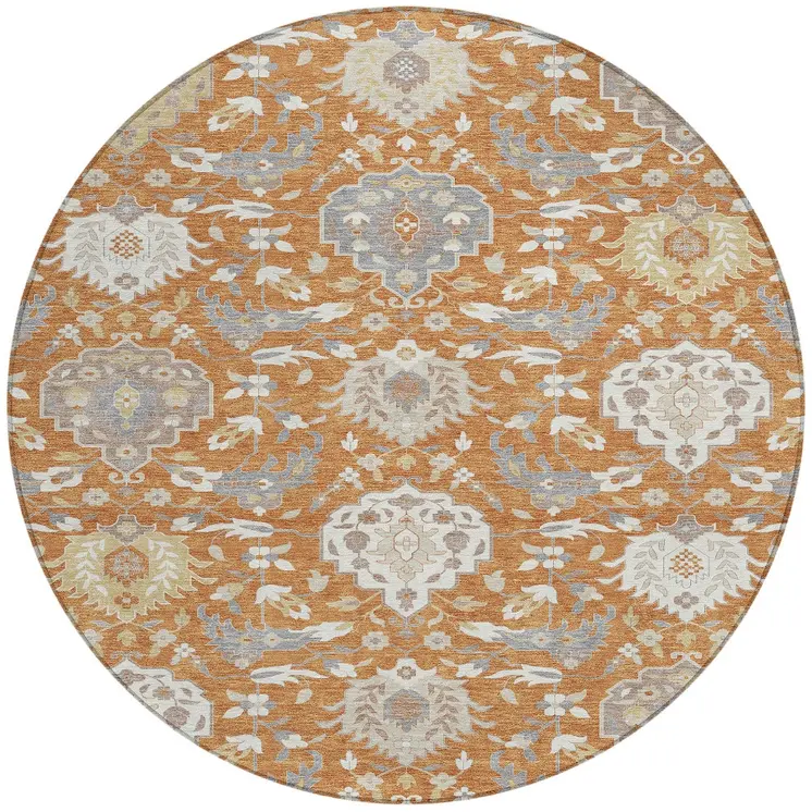 8' Copper Ivory And Gray Round Damask Washable Indoor Outdoor Area Rug