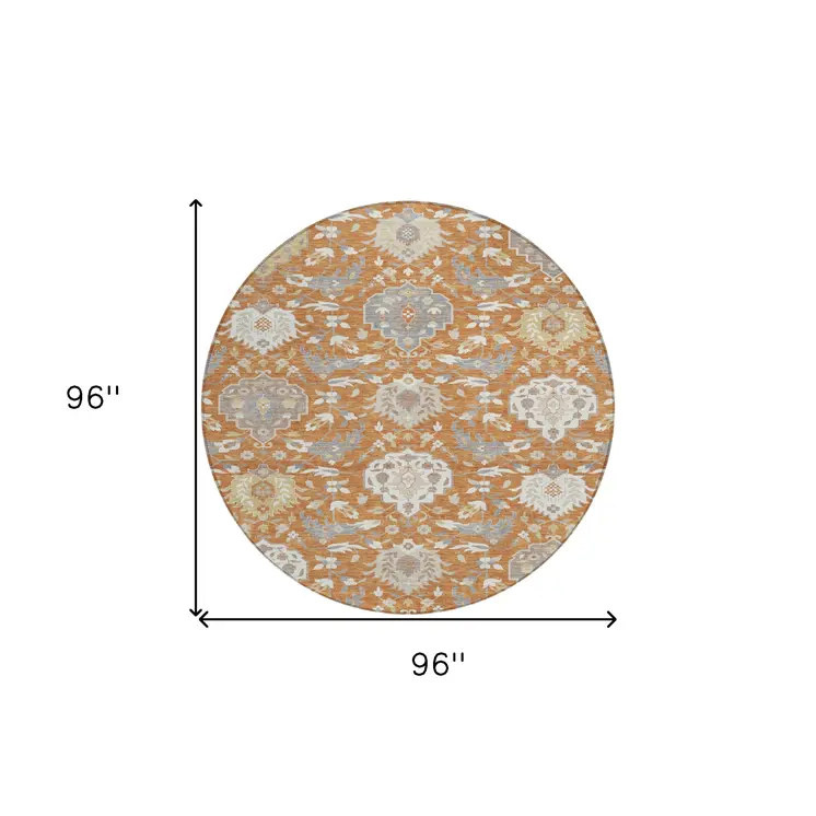 8' Copper Ivory And Gray Round Damask Washable Indoor Outdoor Area Rug