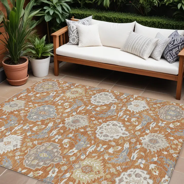 8' X 10' Copper Ivory And Gray Damask Washable Indoor Outdoor Area Rug