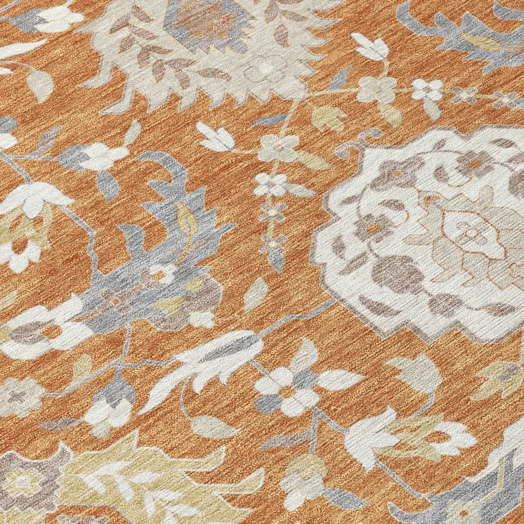 10' X 14' Copper Ivory And Gray Damask Washable Indoor Outdoor Area Rug