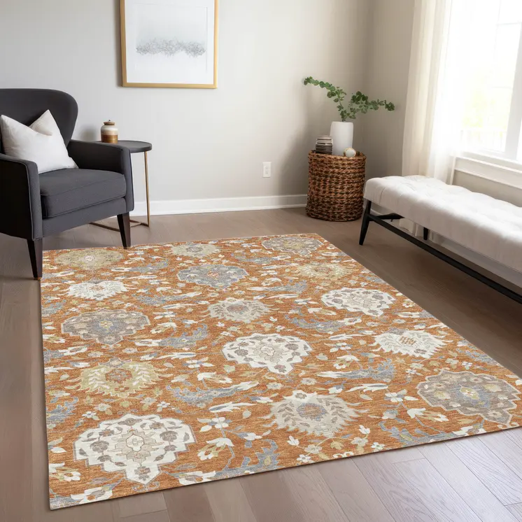 10' X 14' Copper Ivory And Gray Damask Washable Indoor Outdoor Area Rug