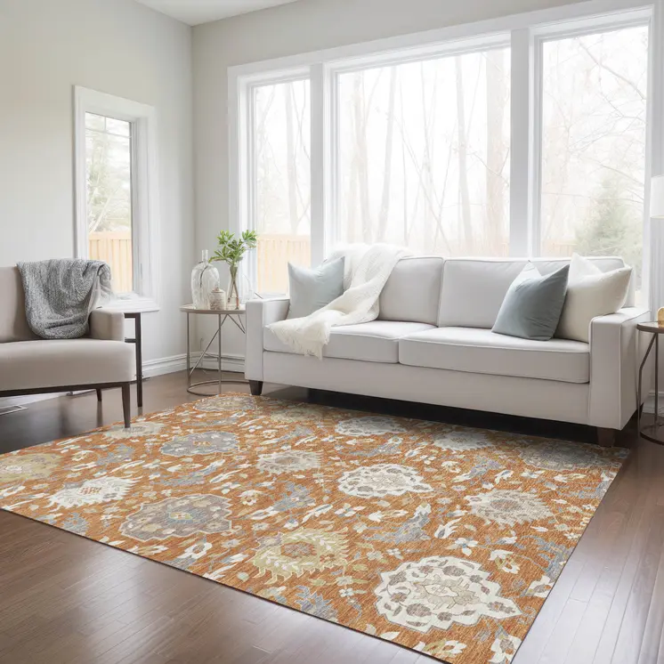 10' X 14' Copper Ivory And Gray Damask Washable Indoor Outdoor Area Rug