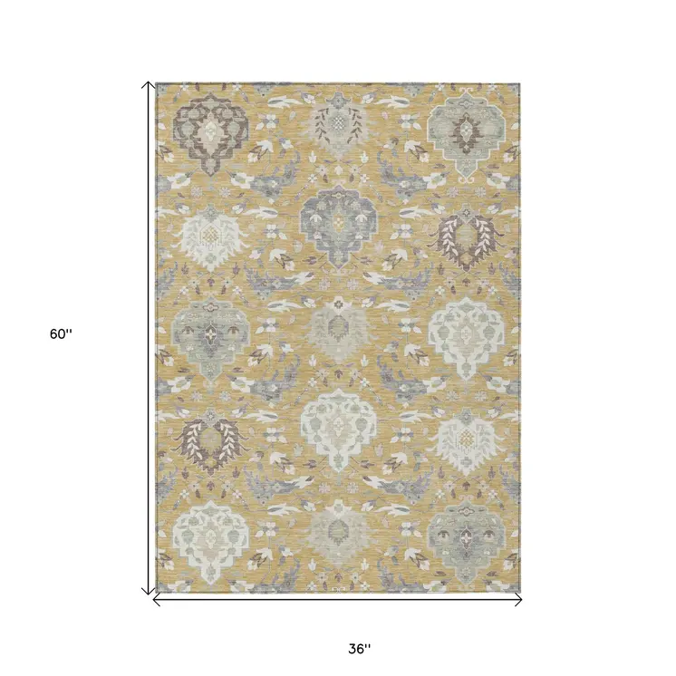 3' X 5' Gold Ivory And Gray Damask Washable Indoor Outdoor Area Rug