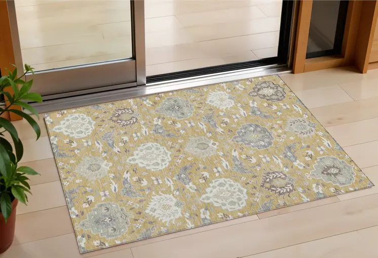 3' X 5' Gold Ivory And Gray Damask Washable Indoor Outdoor Area Rug