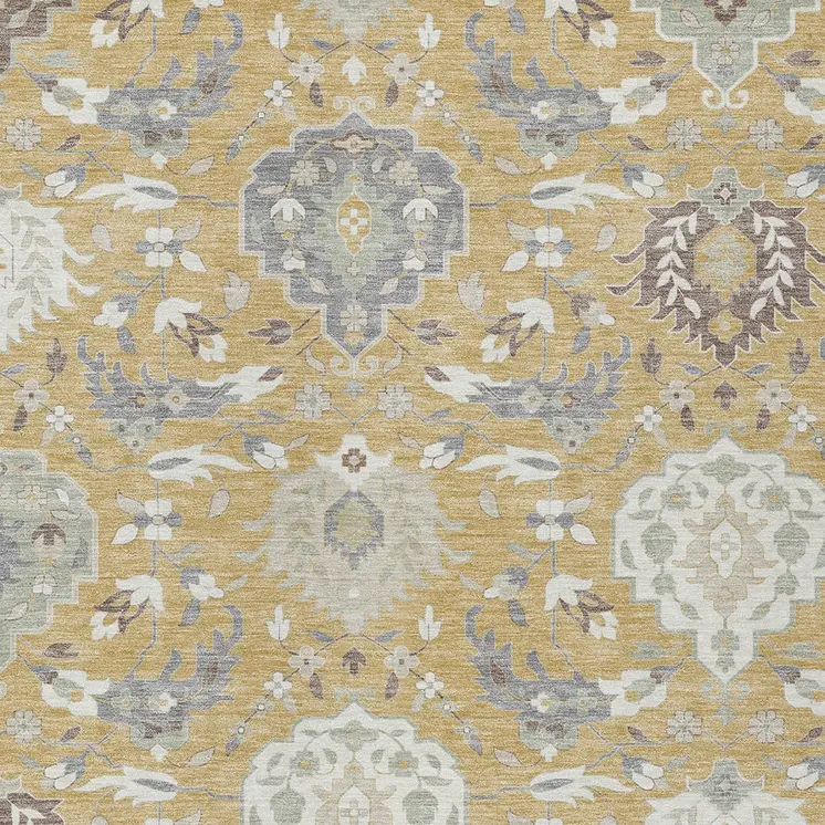 3' X 5' Gold Ivory And Gray Damask Washable Indoor Outdoor Area Rug