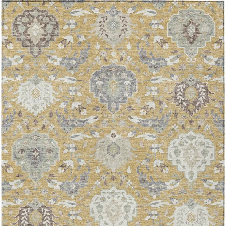 5' X 8' Gold Ivory And Gray Damask Washable Indoor Outdoor Area Rug