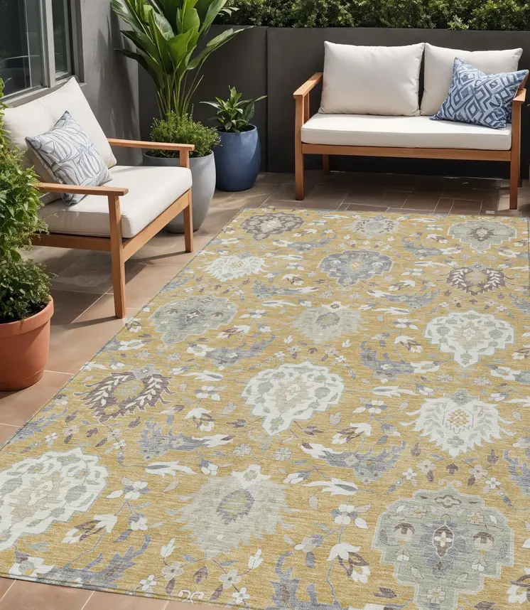 5' X 8' Gold Ivory And Gray Damask Washable Indoor Outdoor Area Rug