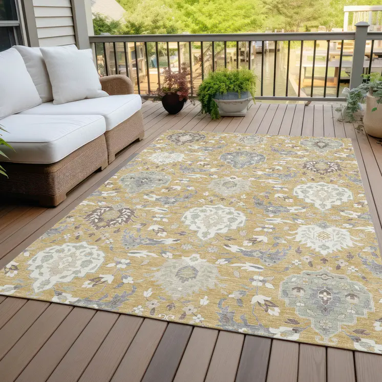 5' X 8' Gold Ivory And Gray Damask Washable Indoor Outdoor Area Rug