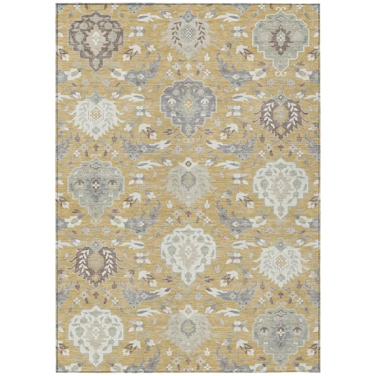 5' X 8' Gold Ivory And Gray Damask Washable Indoor Outdoor Area Rug