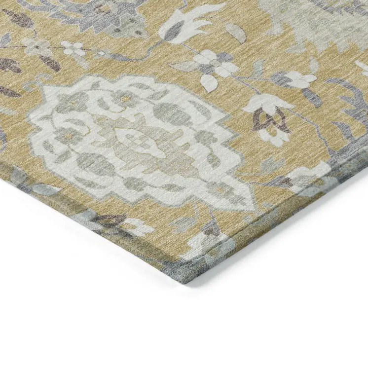5' X 8' Gold Ivory And Gray Damask Washable Indoor Outdoor Area Rug