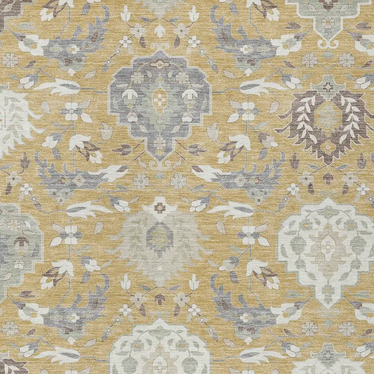 5' X 8' Gold Ivory And Gray Damask Washable Indoor Outdoor Area Rug