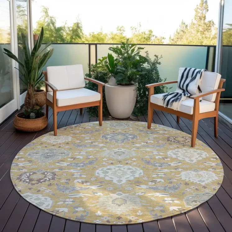8' Gold Ivory And Gray Round Damask Washable Indoor Outdoor Area Rug