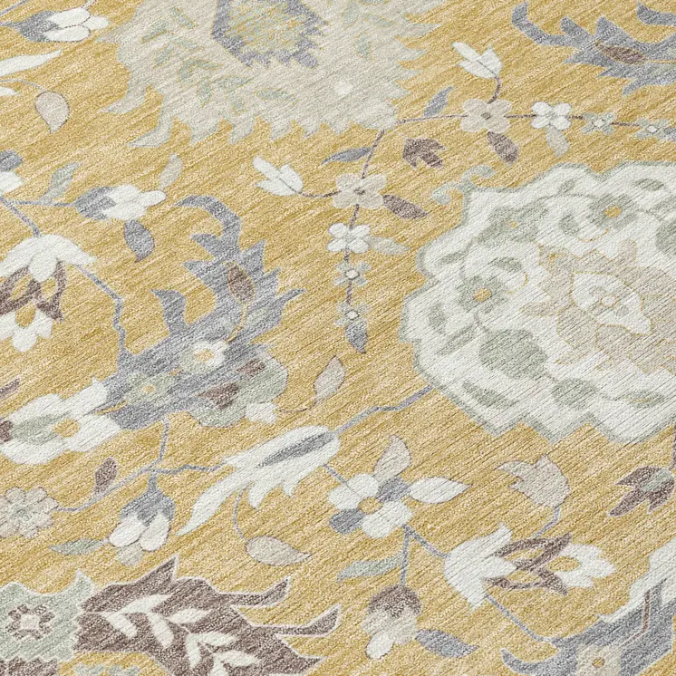 8' Gold Ivory And Gray Round Damask Washable Indoor Outdoor Area Rug