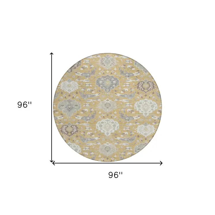 8' Gold Ivory And Gray Round Damask Washable Indoor Outdoor Area Rug