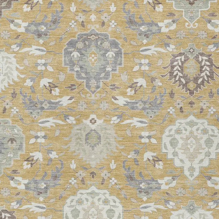 8' X 10' Gold Ivory And Gray Damask Washable Indoor Outdoor Area Rug