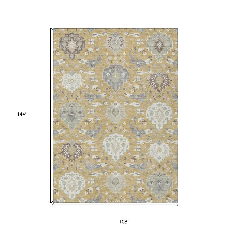 9' X 12' Gold Ivory And Gray Damask Washable Indoor Outdoor Area Rug
