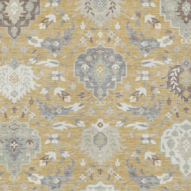 9' X 12' Gold Ivory And Gray Damask Washable Indoor Outdoor Area Rug