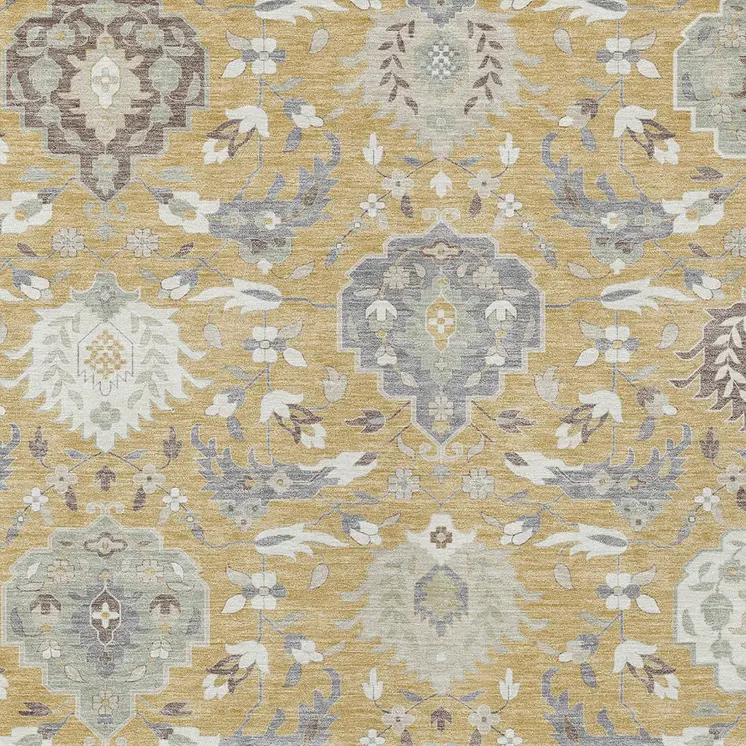 10' X 14' Gold Ivory And Gray Damask Washable Indoor Outdoor Area Rug