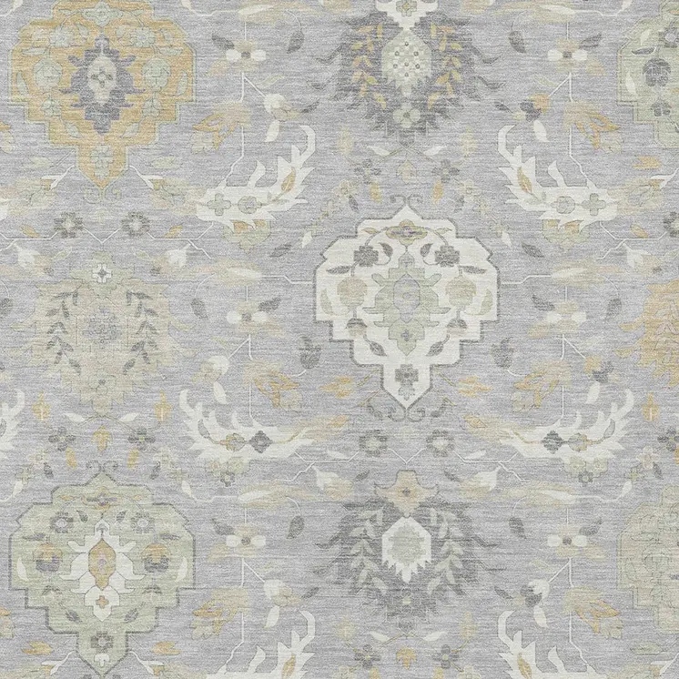 3' X 5' Gray Ivory And Gold Damask Washable Indoor Outdoor Area Rug
