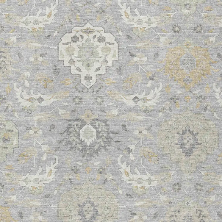 5' X 8' Gray Ivory And Gold Damask Washable Indoor Outdoor Area Rug