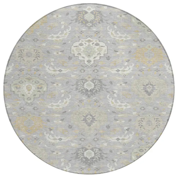 8' Gray Ivory And Gold Round Damask Washable Indoor Outdoor Area Rug
