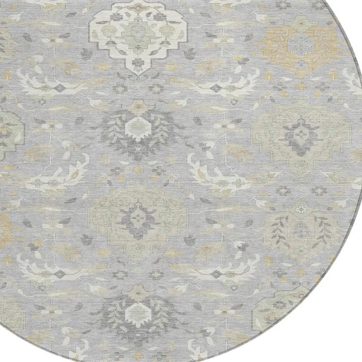 8' Gray Ivory And Gold Round Damask Washable Indoor Outdoor Area Rug