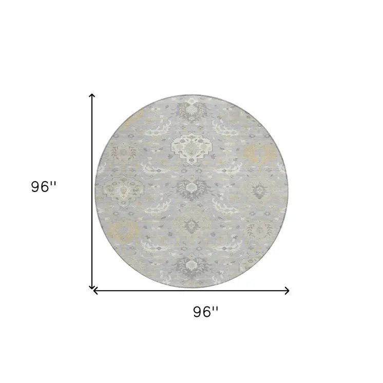 8' Gray Ivory And Gold Round Damask Washable Indoor Outdoor Area Rug