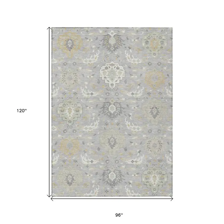 8' X 10' Gray Ivory And Gold Damask Washable Indoor Outdoor Area Rug