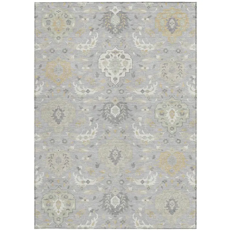 9' X 12' Gray Ivory And Gold Damask Washable Indoor Outdoor Area Rug