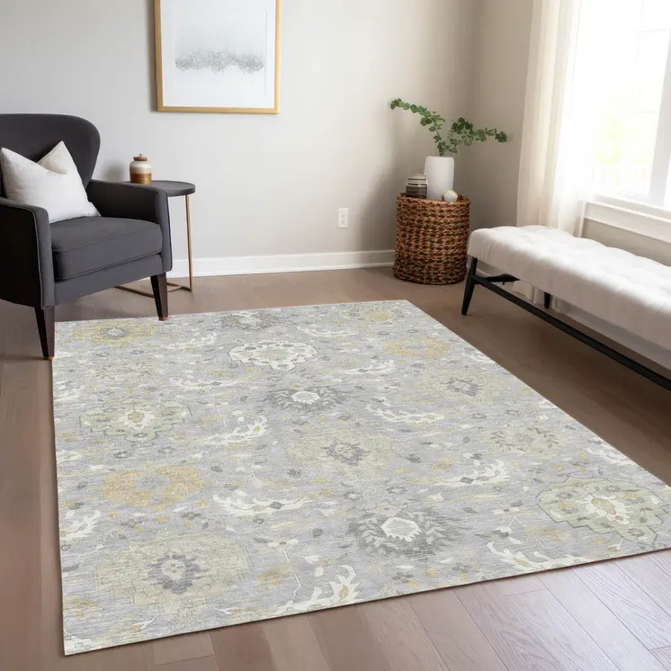 9' X 12' Gray Ivory And Gold Damask Washable Indoor Outdoor Area Rug