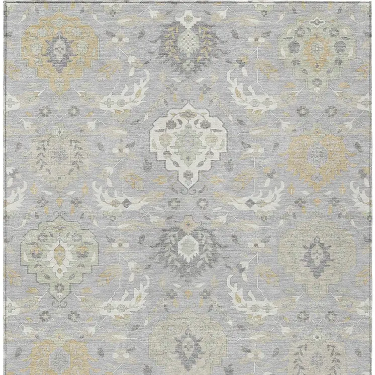 10' X 14' Gray Ivory And Gold Damask Washable Indoor Outdoor Area Rug