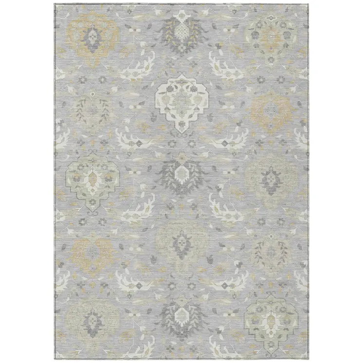 10' X 14' Gray Ivory And Gold Damask Washable Indoor Outdoor Area Rug