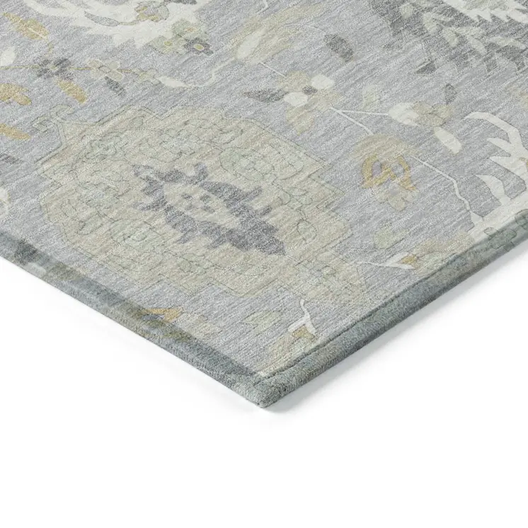 10' X 14' Gray Ivory And Gold Damask Washable Indoor Outdoor Area Rug