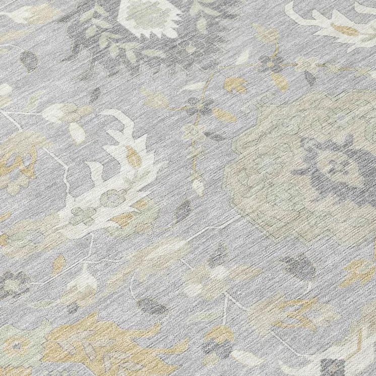 10' X 14' Gray Ivory And Gold Damask Washable Indoor Outdoor Area Rug