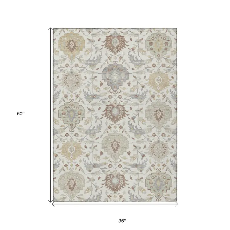 3' X 5' Ivory Brown And Gray Damask Washable Indoor Outdoor Area Rug