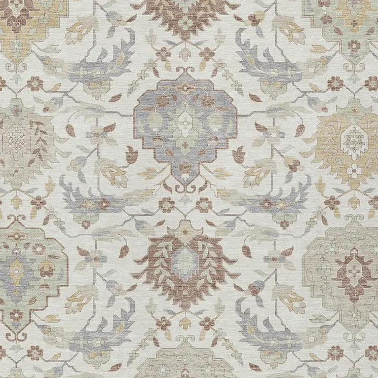 3' X 5' Ivory Brown And Gray Damask Washable Indoor Outdoor Area Rug