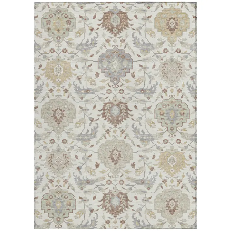 5' X 8' Ivory Brown And Gray Damask Washable Indoor Outdoor Area Rug