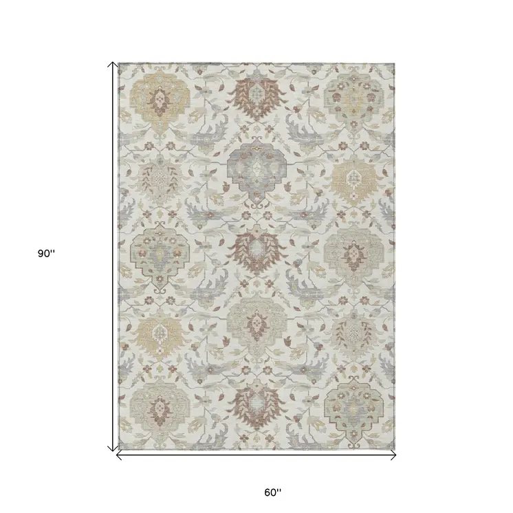 5' X 8' Ivory Brown And Gray Damask Washable Indoor Outdoor Area Rug