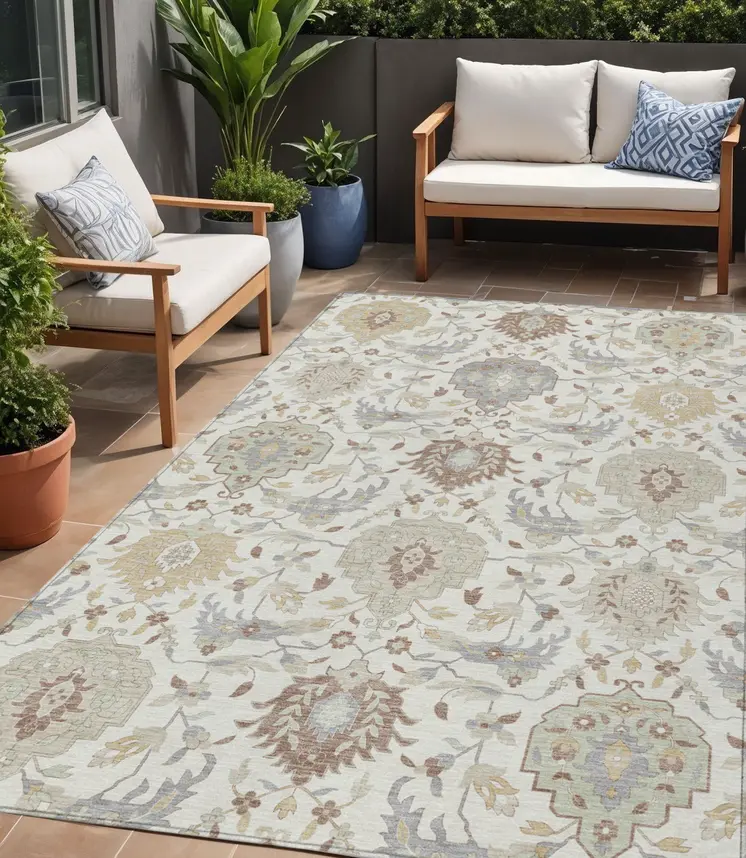 5' X 8' Ivory Brown And Gray Damask Washable Indoor Outdoor Area Rug