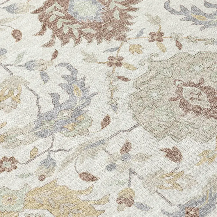 8' Ivory Brown And Gray Round Damask Washable Indoor Outdoor Area Rug