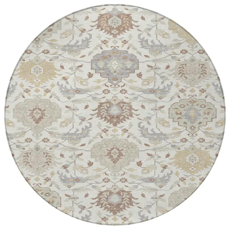 8' Ivory Brown And Gray Round Damask Washable Indoor Outdoor Area Rug