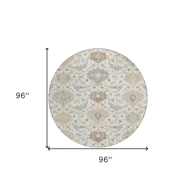8' Ivory Brown And Gray Round Damask Washable Indoor Outdoor Area Rug