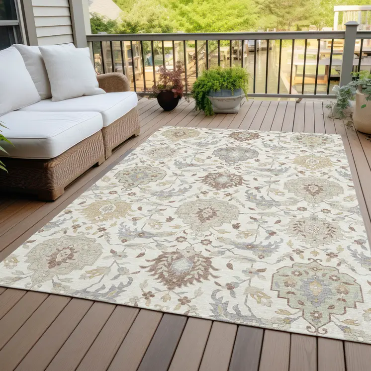 8' X 10' Ivory Brown And Gray Damask Washable Indoor Outdoor Area Rug