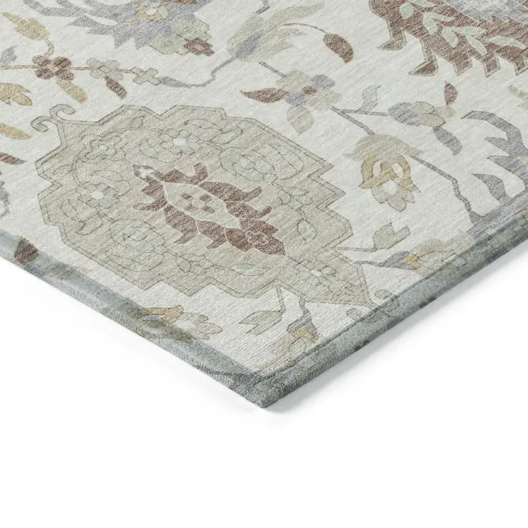 8' X 10' Ivory Brown And Gray Damask Washable Indoor Outdoor Area Rug