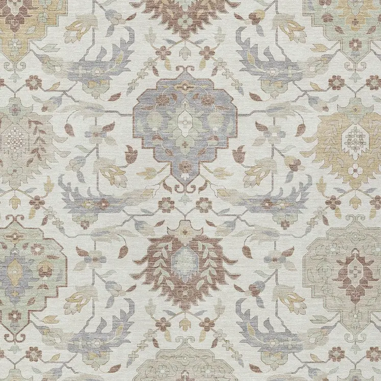 8' X 10' Ivory Brown And Gray Damask Washable Indoor Outdoor Area Rug